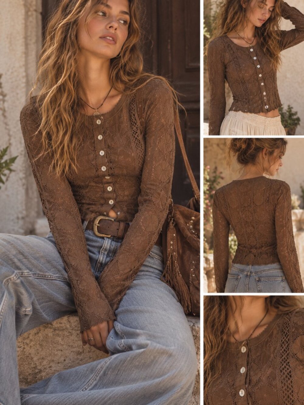 Free People NWT Brown Lace Button Front Cardigan Boho Cottagecore SP